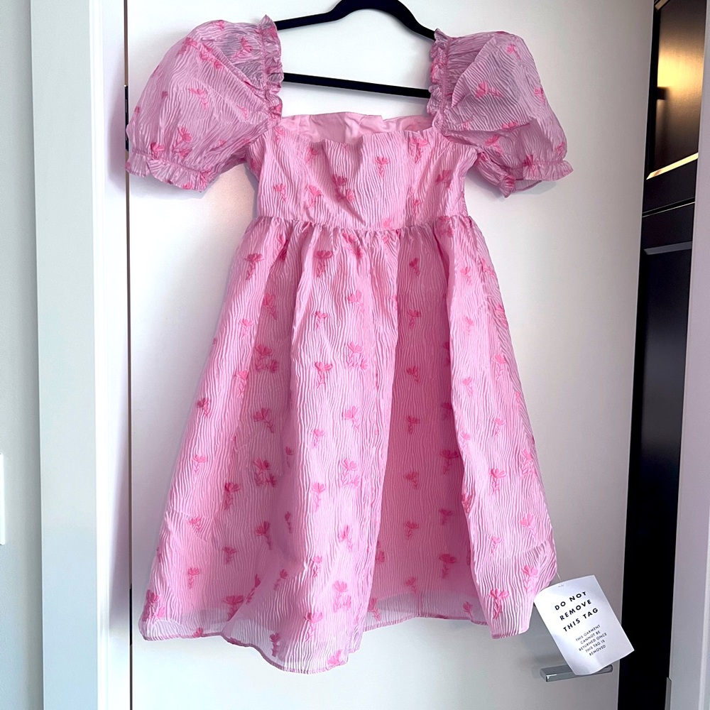 Puff sleeve smock dress in pink brocade. Brand new never worn. Paid$135,sell $50